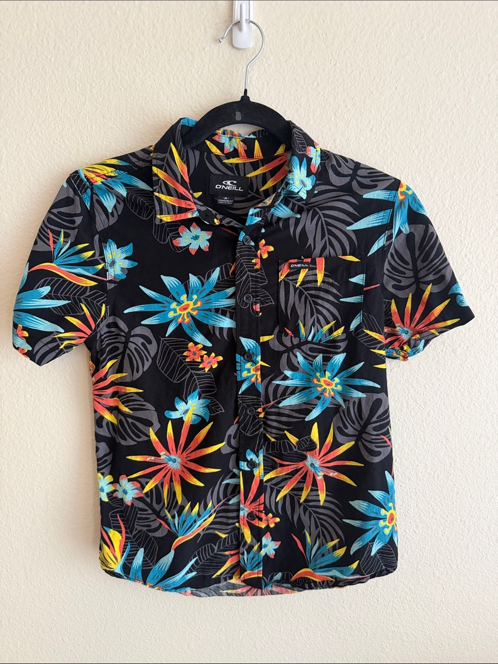 O'Neill Black Short-Sleeve Button Shirt with Blue, Yellow and Red Floral Print